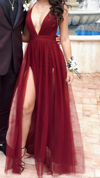 Sexy Burgundy V Neck A-line Tulle Prom Dress,Senior Prom Gown Y7071
