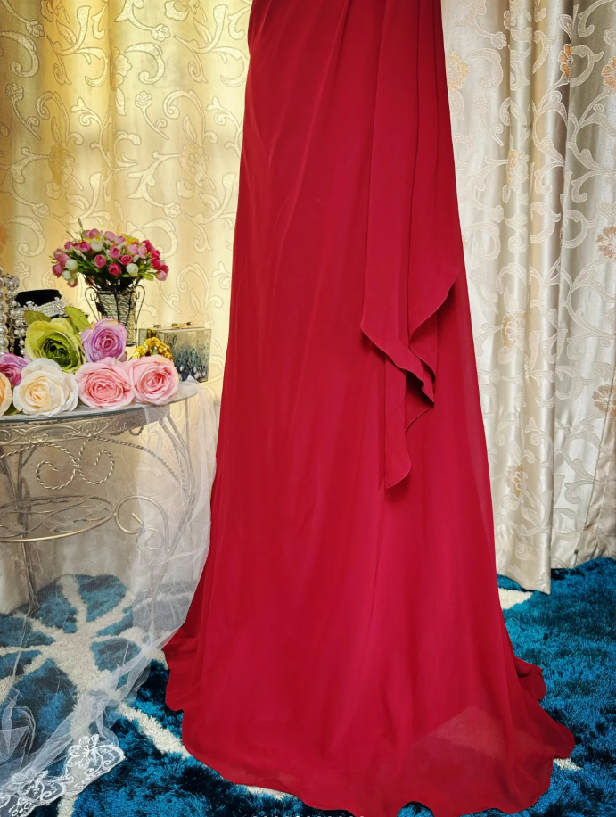 Charming Red One Shoulder Satin Pleated Mermaid Long Party Dress Formal Wedding Guest Dress SP1948