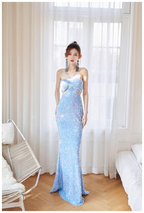 Glitter Blue Sequin Mermaid Long Wedding Guest Dress Formal Evening Dress Party Gown