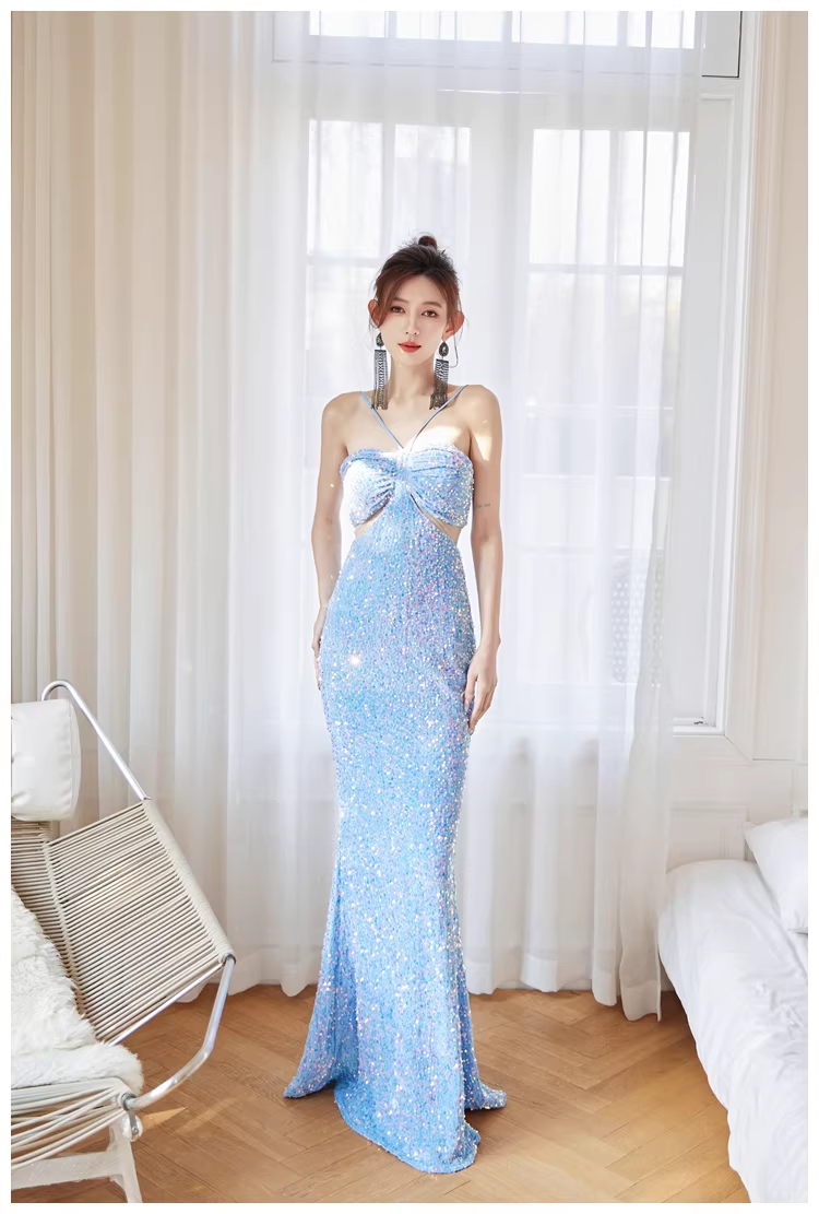 Glitter Blue Sequin Mermaid Long Wedding Guest Dress Formal Evening Dress Party Gown