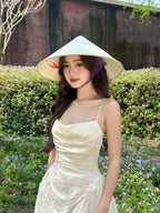 Light yellow suspender pleated flower A-line homecoming dress R2506