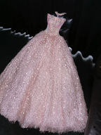Exquisite Pink Beaded Feather Ball Gown Tulle Prom Dress Party Dress