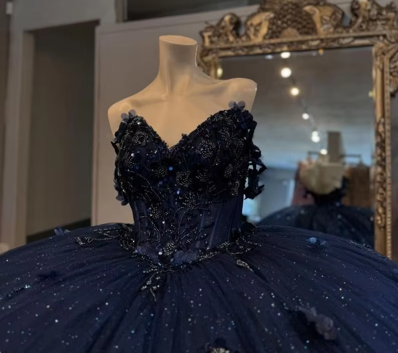 Mexico Navy Quinceanera Dress Ball Gown Floral Appliques Beaded Crystal Corset Sweet 16 Vestido De 15 Anos