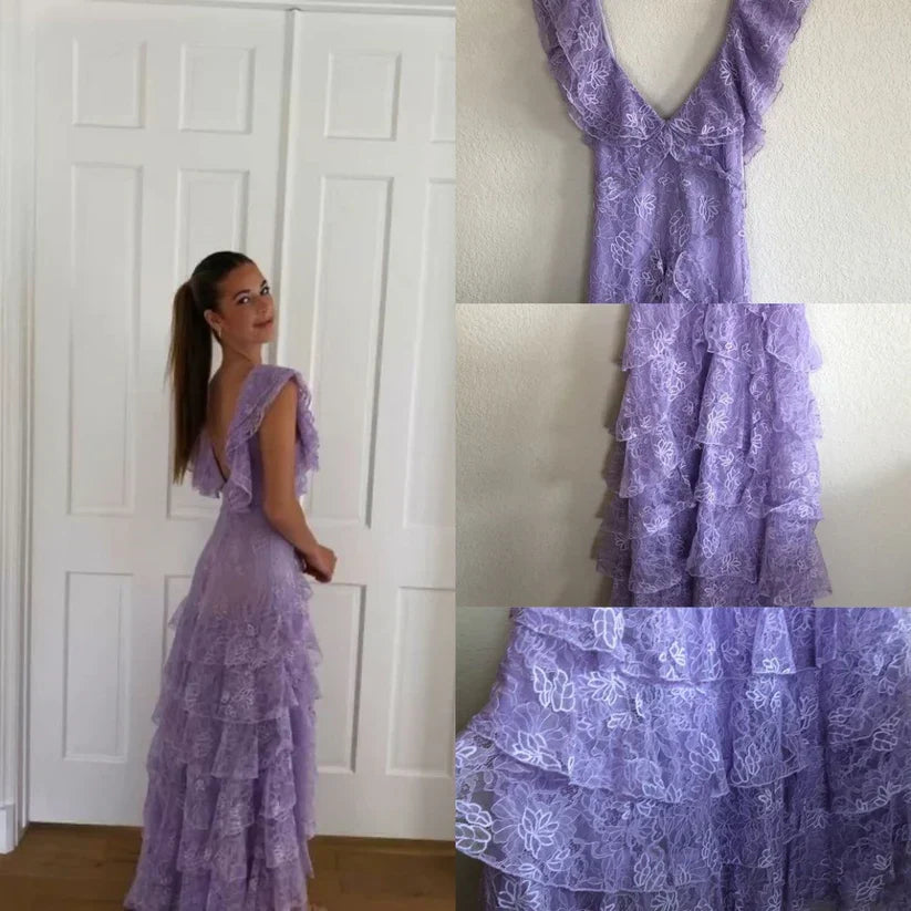 Lilac Lace Long prom dress Evening Gown Party Dress