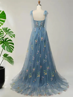 Blue Floral Embroidery Tulle Prom Dress A Line Fairy Gown Blue Party Dress
