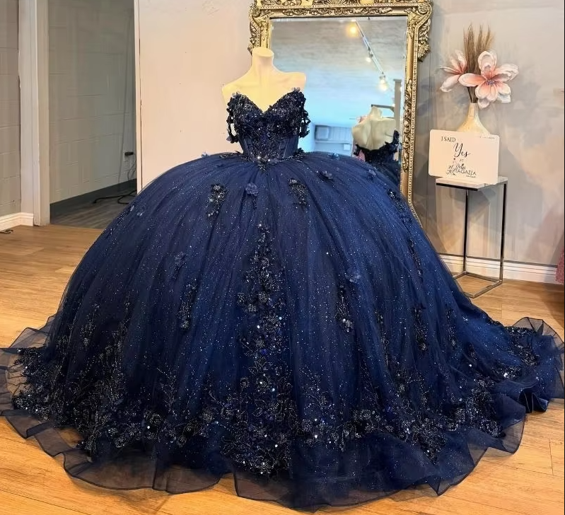 Mexico Navy Quinceanera Dress Ball Gown Floral Appliques Beaded Crystal Corset Sweet 16 Vestido De 15 Anos