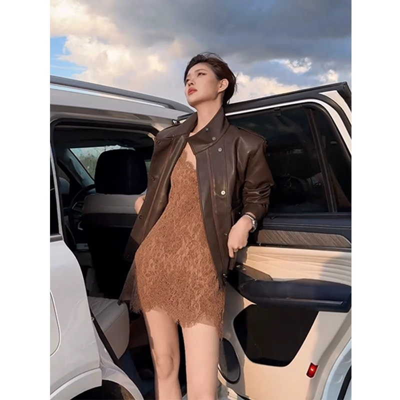 Retro brown lace slip dress two-piece set G090