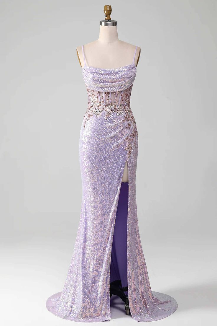 Women Spaghetti Straps Purple Prom Dress Mermaid Evening Gown with Slit Handmade Sparkle Party Dress Custom Formal Evening Dress