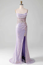 Women Spaghetti Straps Purple Prom Dress Mermaid Evening Gown with Slit Handmade Sparkle Party Dress Custom Formal Evening Dress