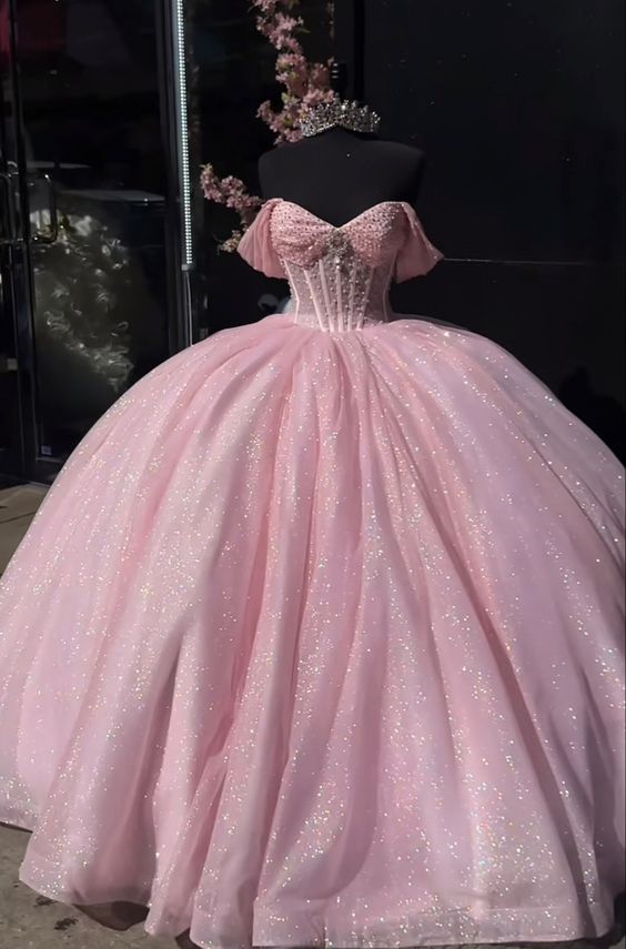 Glitter Pearls Pink Quinceanera Dresses Ball Gowns Sweet 15 16 Birthday Dress