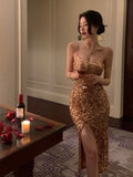 Elegant Spaghetti Strap Midi Sequined Dress Women Sexy Prom Evening Bodycon Party Birthday Fashion Gown