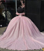 Glitter Pearls Pink Quinceanera Dresses Ball Gowns Sweet 15 16 Birthday Dress