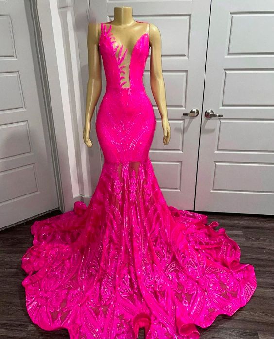 Pink Prom Dresses Sheer Crew Neck Prom Dresses Lace Evening Dresses Sexy Prom Dresses Fashion Evening Gowns