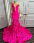 Pink Prom Dresses Sheer Crew Neck Prom Dresses Lace Evening Dresses Sexy Prom Dresses Fashion Evening Gowns