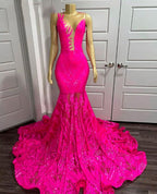 Pink Prom Dresses Sheer Crew Neck Prom Dresses Lace Evening Dresses Sexy Prom Dresses Fashion Evening Gowns