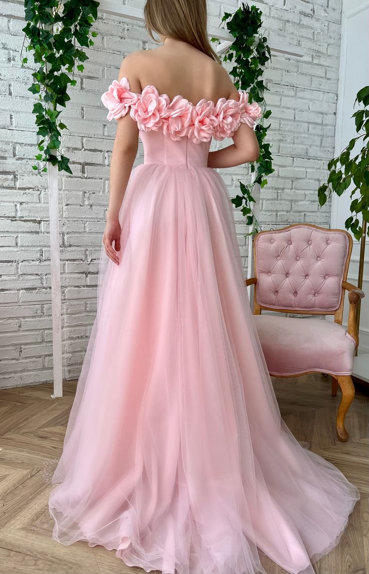 Pink Floral Prom Dresses Off The Shoulder Evening Gown Tulle Long Prom Dress