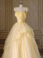 A Line Spaghetti Straps Layered Yellow Long Prom Dresses Yellow Tulle Formal Evening Dresses Ball Gown
