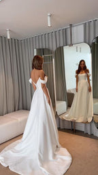 Satin A Line Wedding Dresses Sleeveless Off The Shoulder Silt Bridal Gowns Long Train Wedding Party Gowns Custom Made