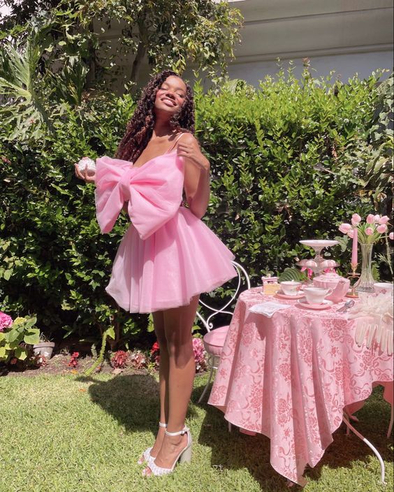 Cute Lovely Pink Big Bow Short Prom Party Dresses Mini Girls Cocktail Dress Event Formal Gowns