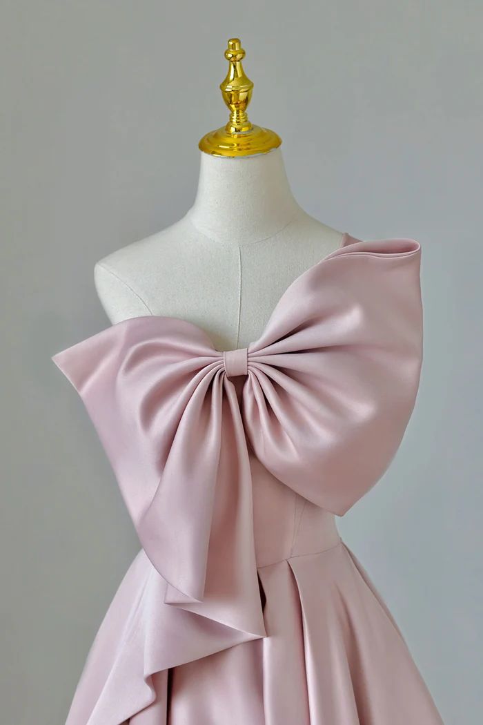 Pink Satin Bow Gown Long Formal Dress