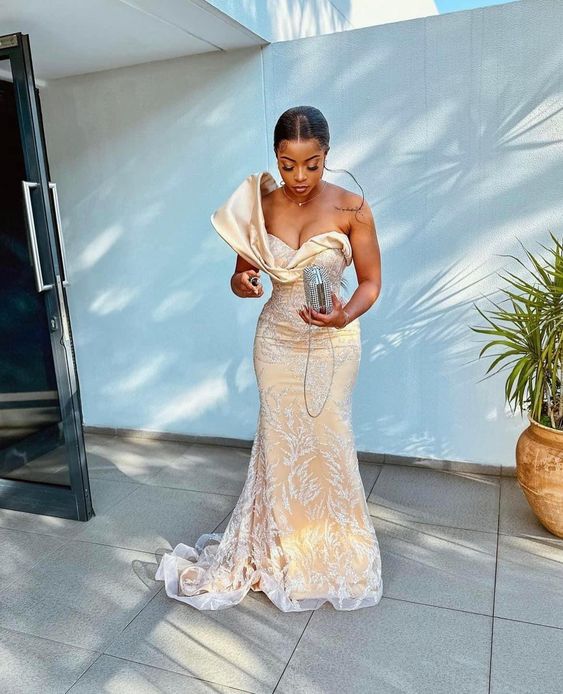 Champagne One Shoulder Mermaid Prom Dresses Party Gowns