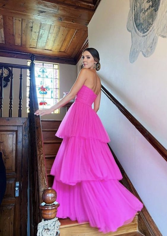 Strapless Tulle Fuchsia Prom Gown with Layers Skirt