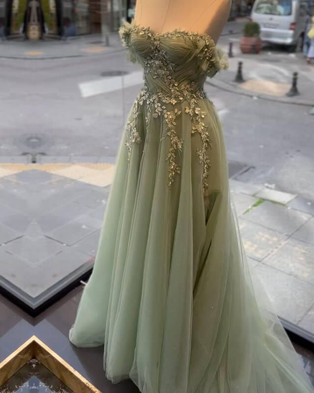 A line Sage Tulle Lace Appliques Dress Formal Dresses Evening Gown