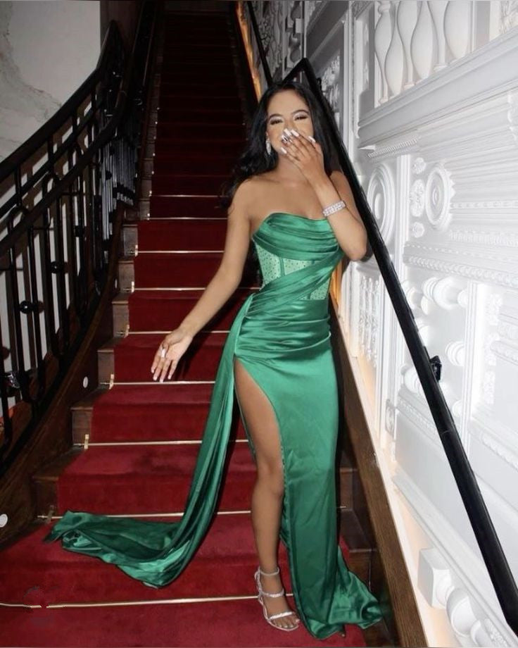 Stapless Mermaid Prom Dresses for Black Girls High Slits Pleats Beading Birthday Party Dress Formal Occasion Gowns