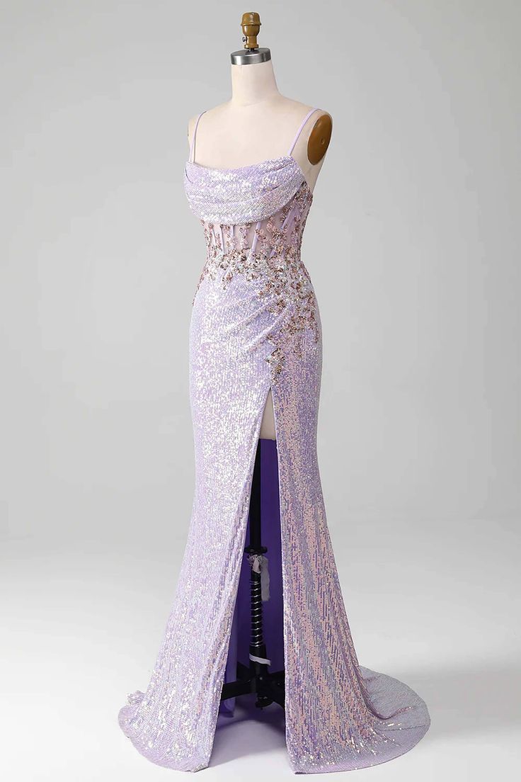 Women Spaghetti Straps Purple Prom Dress Mermaid Evening Gown with Slit Handmade Sparkle Party Dress Custom Formal Evening Dress