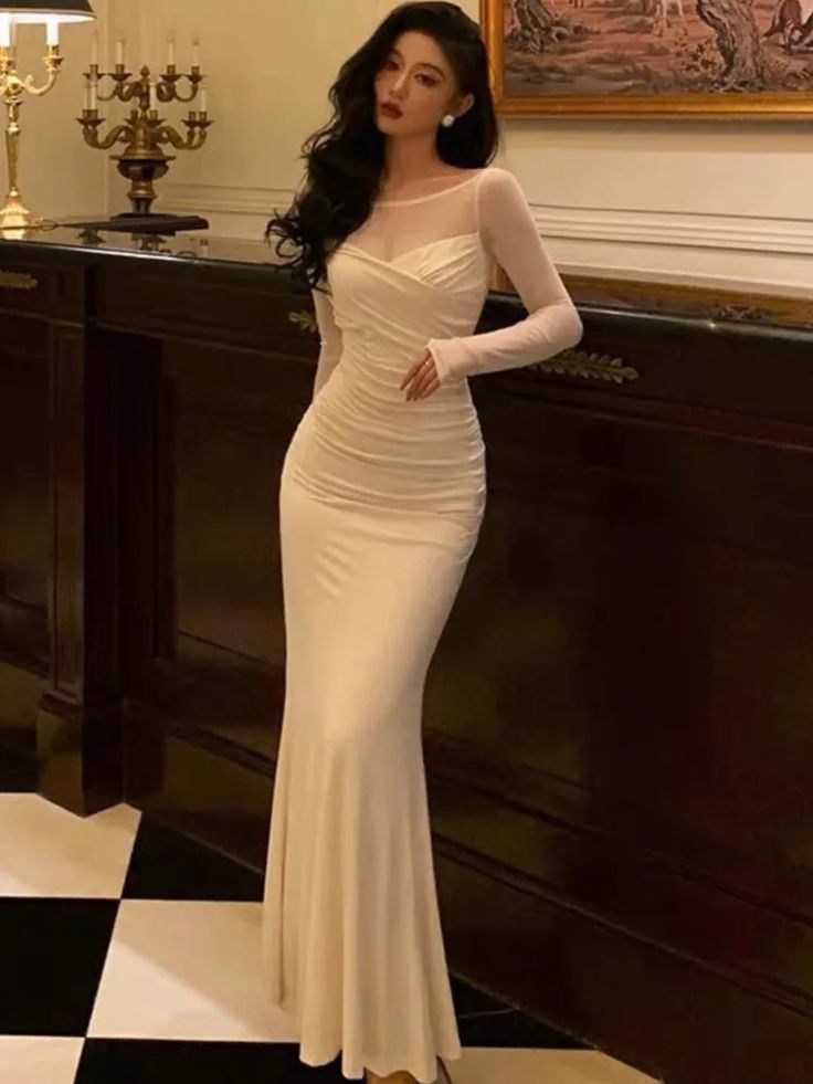 Mermaid Dress Women Patchwork Long Sleeves Vintage Solid Evening Party Gown
