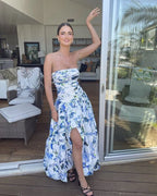 Strapless Print Floral Long Prom Dress Evening Gown