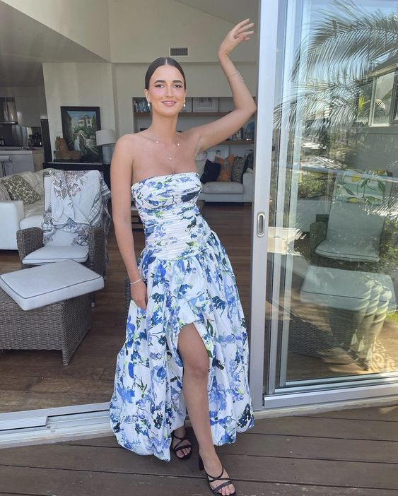 Strapless Print Floral Long Prom Dress Evening Gown