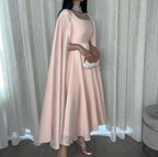 Elegant Long Pink Prom Dresses A Line Chiffon Cape Ankle Length Short Party Gown for Women
