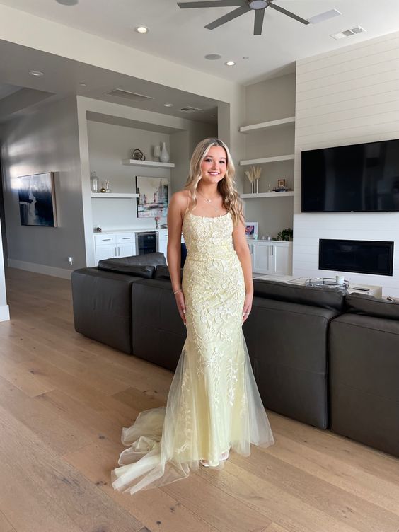 Elegant Yellow Backless Lace Prom Dress Yellow Formal Gown