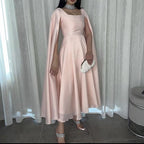 Elegant Long Pink Prom Dresses A Line Chiffon Cape Ankle Length Short Party Gown for Women