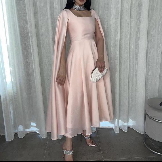 Elegant Long Pink Prom Dresses A Line Chiffon Cape Ankle Length Short Party Gown for Women