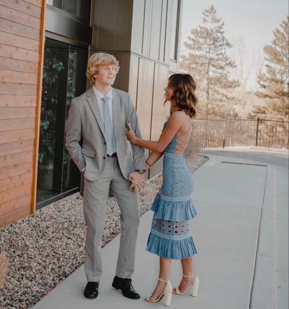 Blue Midi Dress Lace Prom Gown