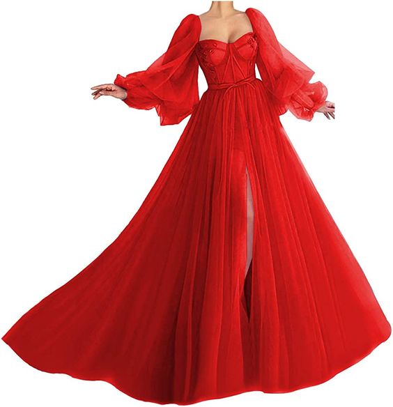 Puffy Sleeve Prom Dress Sweetheart Tulle Ball Gown Slit Formal Evening Gowns