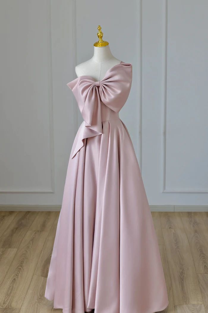 Pink Satin Bow Gown Long Formal Dress