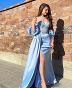 Sky Blue Off The Shoulder Satin Long Evening Dresses Side Slit Backless Prom Party Formal Party Gown