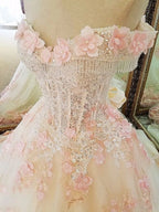 Sweet 16 Dresses Pink Lace Floral Prom Dresses Ball Gown Off The Shoulder Elegant Beaded Luxury Prom Gown