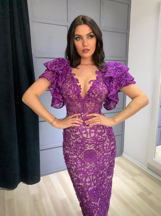 Elegant Purple Deep V Neck Lace Evening Dresses Tea Length Prom Gowns