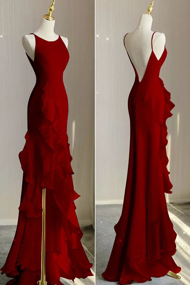 Black Mermaid Beach Wedding Dress With Ruffles Spaghetti Straps Backless Prom Gown