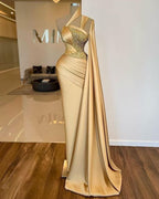 Gold Sparkle Crystals Sequins Beading Evening Dresses Arabic Aso Ebi Unique One Shoulder With Wrap Prom Party Gowns