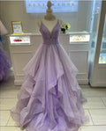 Purple A line V Neck Ruffle Prom Dress Glitter Purple Prom Gown
