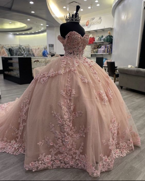 Pink Lace Long Prom Dresses Ball Gown Sweet 16 Dresses