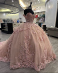 Pink Lace Long Prom Dresses Ball Gown Sweet 16 Dresses