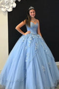 Elegant Baby Blue Cheap Ball Gown Quinceanera Prom dresses Sweetheart Neck Applique Lace Crystal Beaded Sparkly Sequin Sweet 16 Formal Dress