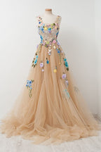 Champagne A line Sleeveless Tulle Prom Gown With Embroidery sleeveless Prom Gown With Hand made Flowers prom Dress evening Gown For Teens