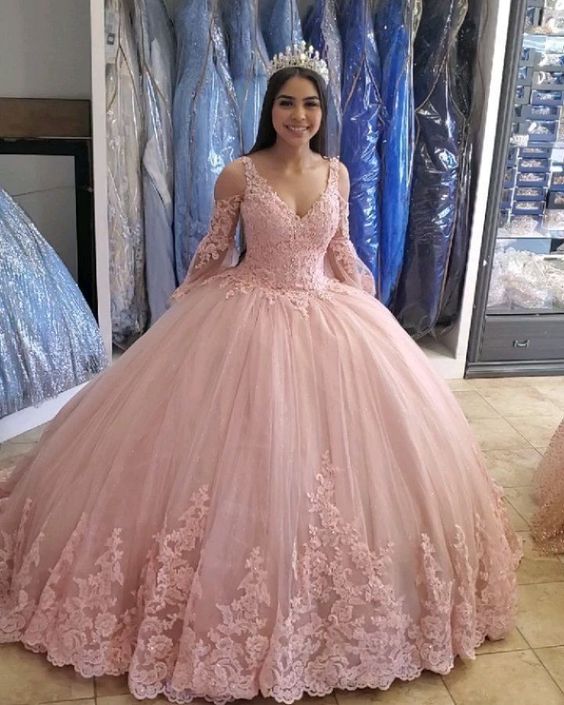 Pink A Line Tulle Ball Gown Lace Prom Dresses Evening Gowns